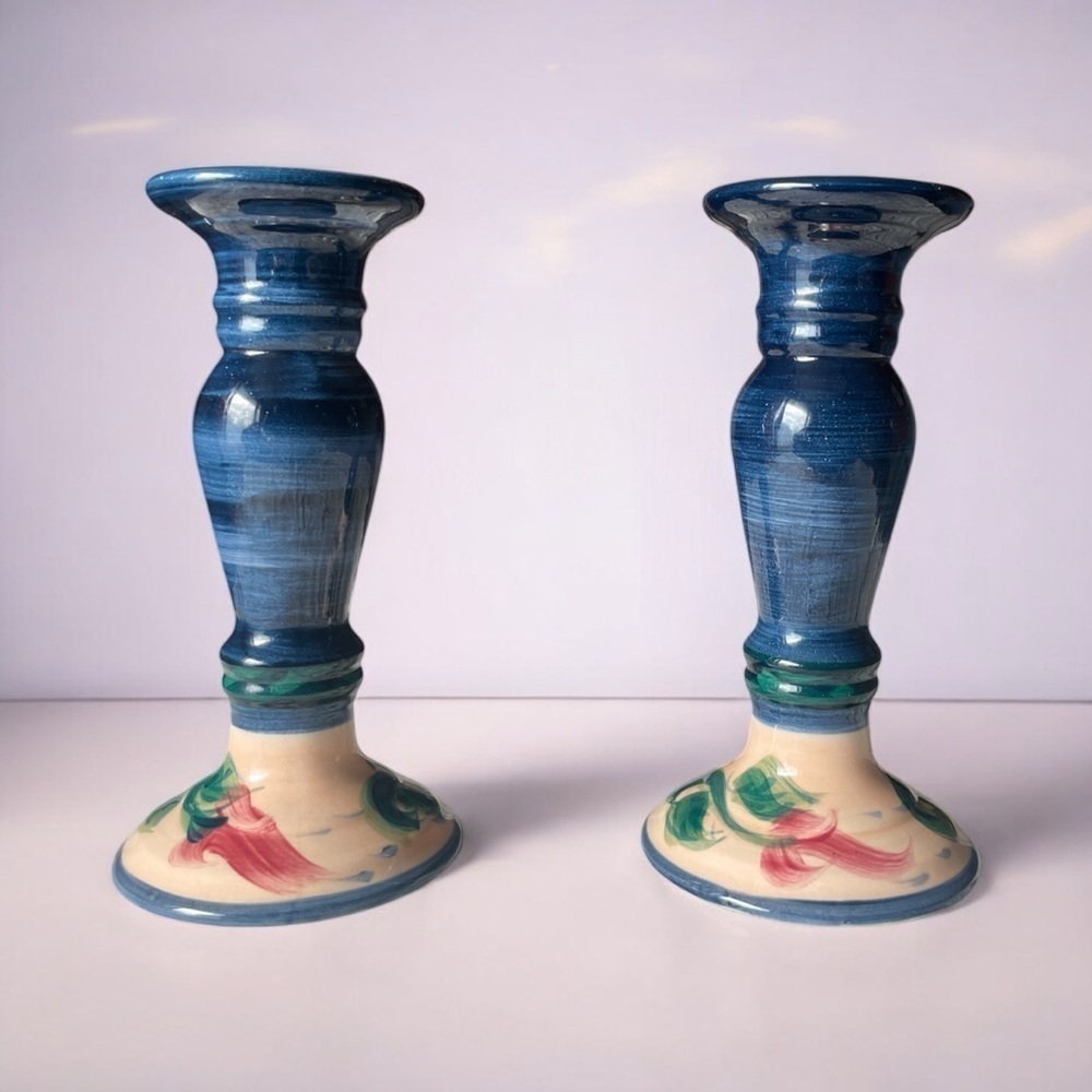 Fitzpatrick 96 signed Handpainted Blue and Cream floral Ceramic Candle Holders